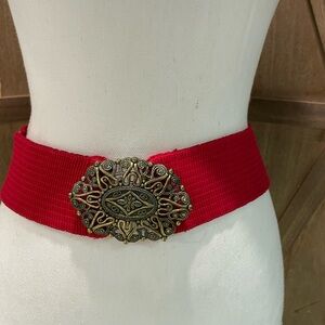 Vintage Skaffles women’s elastic Red Belt with Ornate brass Buckle